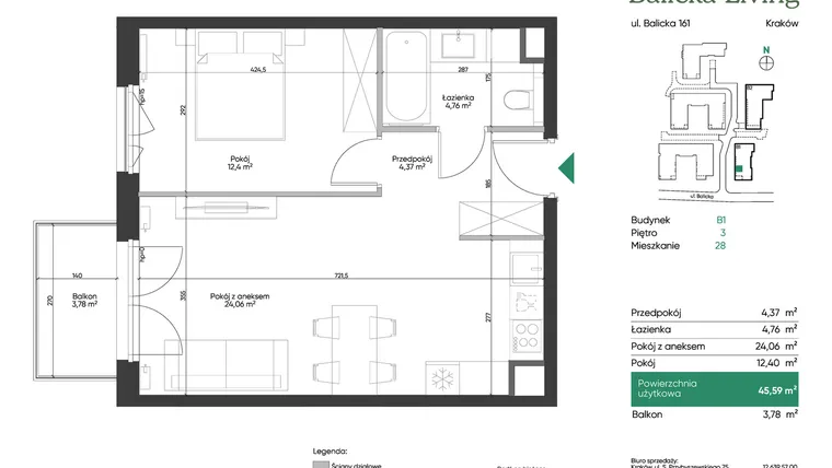 Rzut - Mieszkanie na sprzedaż 2 pokoje o powierzchni 45,59 m² - numer B1.28 w Balicka Living