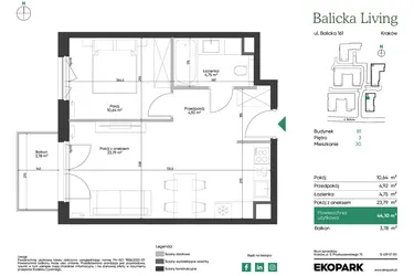 Rzut - Mieszkanie na sprzedaż 2 pokoje o powierzchni 44,1 m² - numer B1.30 w Balicka Living