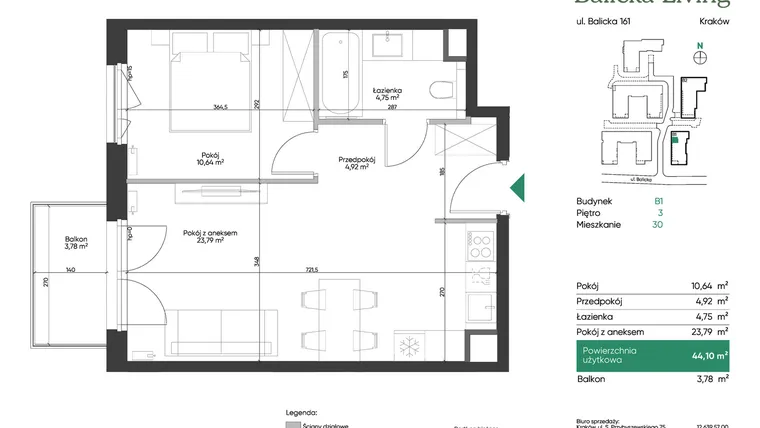 Rzut - Mieszkanie na sprzedaż 2 pokoje o powierzchni 44,1 m² - numer B1.30 w Balicka Living