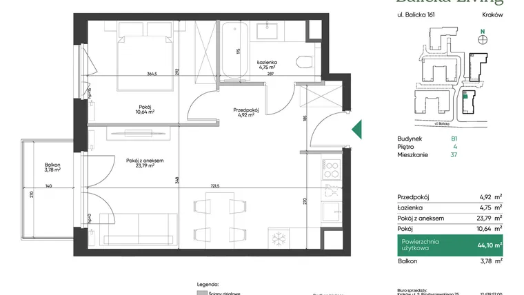Rzut - Mieszkanie na sprzedaż 2 pokoje o powierzchni 44,1 m² - numer B1.37 w Balicka Living