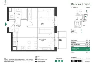 Rzut - Mieszkanie na sprzedaż 2 pokoje o powierzchni 44,13 m² - numer B2.9 w Balicka Living