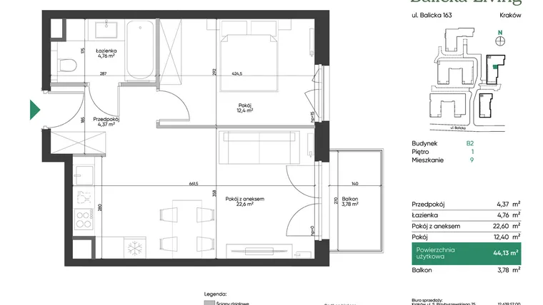 Rzut - Mieszkanie na sprzedaż 2 pokoje o powierzchni 44,13 m² - numer B2.9 w Balicka Living