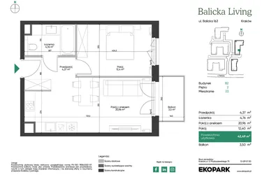 Rzut - Mieszkanie na sprzedaż 2 pokoje o powierzchni 42,49 m² - numer B2.23 w Balicka Living