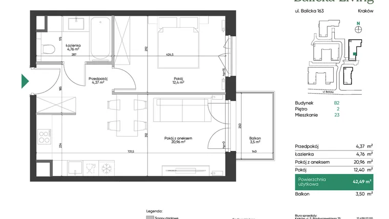Rzut - Mieszkanie na sprzedaż 2 pokoje o powierzchni 42,49 m² - numer B2.23 w Balicka Living