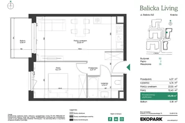Rzut - Mieszkanie na sprzedaż 2 pokoje o powierzchni 45,08 m² - numer B2.28 w Balicka Living