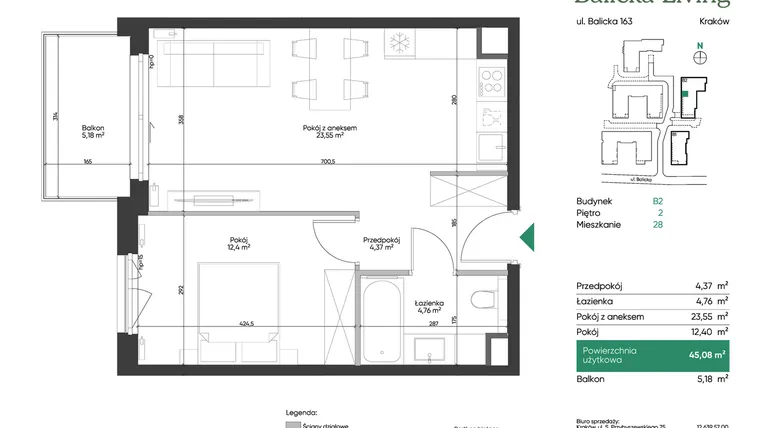 Rzut - Mieszkanie na sprzedaż 2 pokoje o powierzchni 45,08 m² - numer B2.28 w Balicka Living