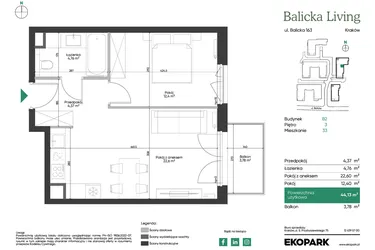 Rzut - Mieszkanie na sprzedaż 2 pokoje o powierzchni 44,13 m² - numer B2.33 w Balicka Living