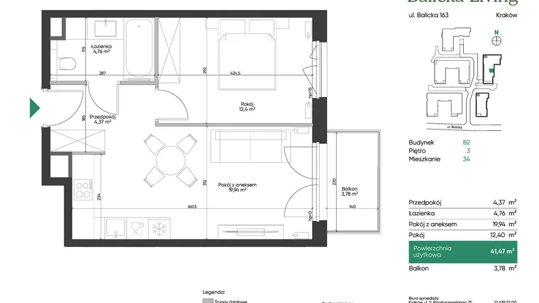 Rzut - Mieszkanie na sprzedaż 2 pokoje o powierzchni 41,47 m² - numer B2.34 w Balicka Living