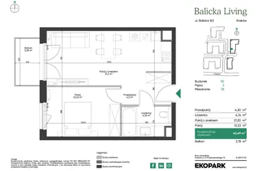 Rzut - Mieszkanie na sprzedaż 2 pokoje o powierzchni 42,49 m² - numer B2.38 w Balicka Living