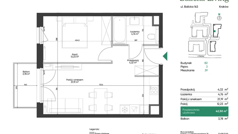 Rzut - Mieszkanie na sprzedaż 2 pokoje o powierzchni 42,5 m² - numer B2.39 w Balicka Living