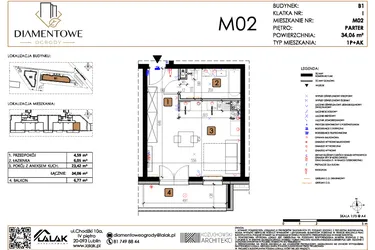 Rzut - Mieszkanie na sprzedaż 1 pokój o powierzchni 34,06 m² - numer B1.2 w Diamentowe Ogrody