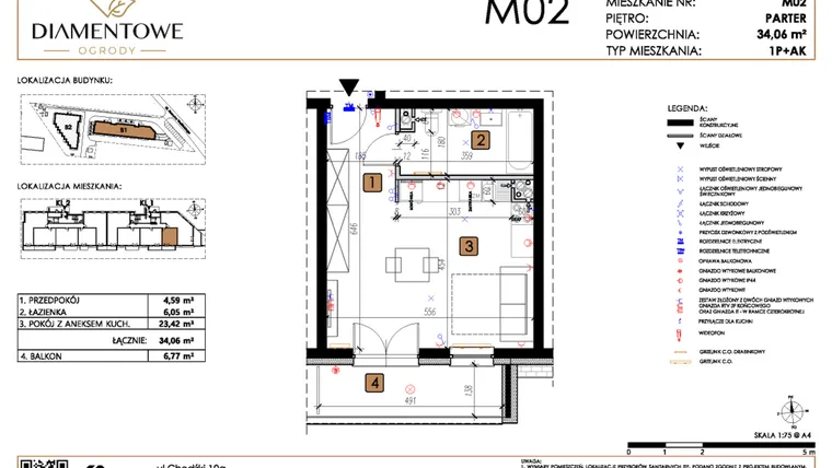 Rzut - Mieszkanie na sprzedaż 1 pokój o powierzchni 34,06 m² - numer B1.2 w Diamentowe Ogrody