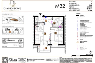 Rzut - Mieszkanie na sprzedaż 2 pokoje o powierzchni 40,42 m² - numer B1.32 w Diamentowe Ogrody