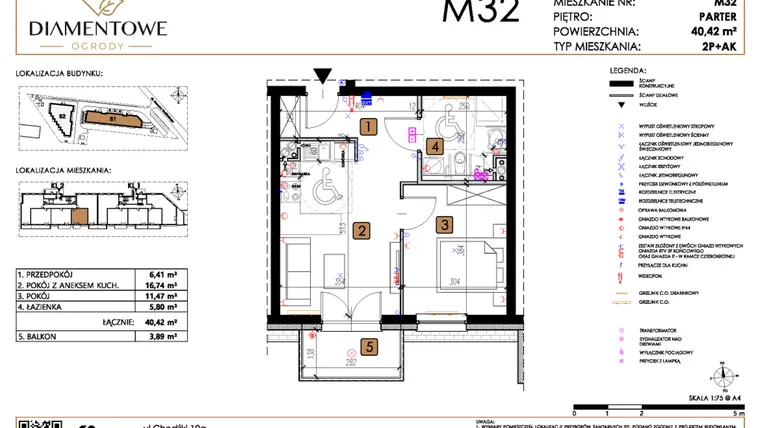 Rzut - Mieszkanie na sprzedaż 2 pokoje o powierzchni 40,42 m² - numer B1.32 w Diamentowe Ogrody
