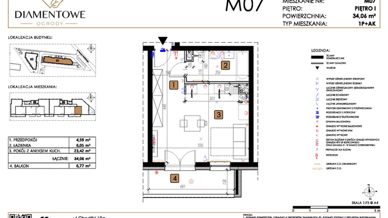 Rzut - Mieszkanie na sprzedaż 1 pokój o powierzchni 34,06 m² - numer B1.7 w Diamentowe Ogrody