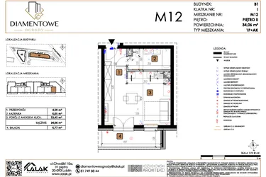Rzut - Mieszkanie na sprzedaż 1 pokój o powierzchni 34,06 m² - numer B1.12 w Diamentowe Ogrody