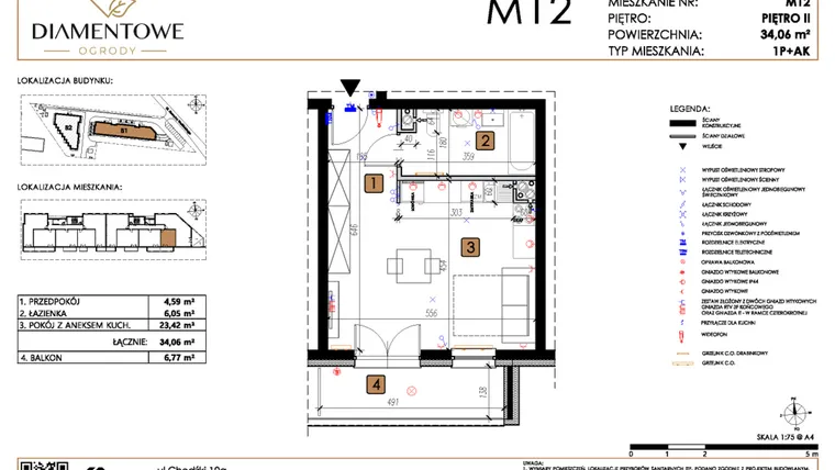 Rzut - Mieszkanie na sprzedaż 1 pokój o powierzchni 34,06 m² - numer B1.12 w Diamentowe Ogrody