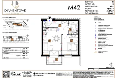 Rzut - Mieszkanie na sprzedaż 2 pokoje o powierzchni 40,39 m² - numer B1.42 w Diamentowe Ogrody