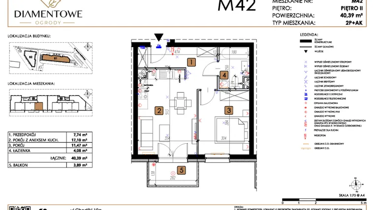 Rzut - Mieszkanie na sprzedaż 2 pokoje o powierzchni 40,39 m² - numer B1.42 w Diamentowe Ogrody