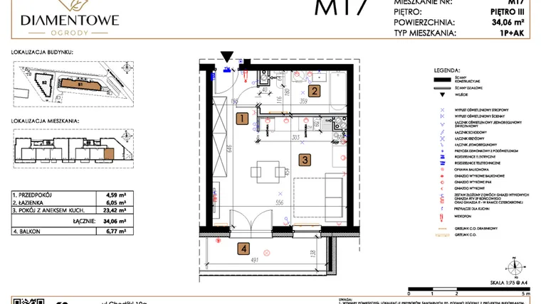 Rzut - Mieszkanie na sprzedaż 1 pokój o powierzchni 34,06 m² - numer B1.17 w Diamentowe Ogrody