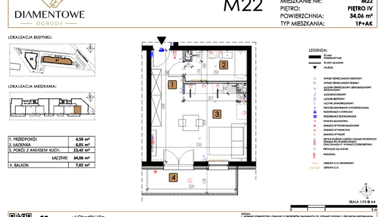 Rzut - Mieszkanie na sprzedaż 1 pokój o powierzchni 34,06 m² - numer B1.22 w Diamentowe Ogrody