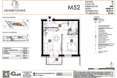Rzut - Mieszkanie na sprzedaż 2 pokoje o powierzchni 40,39 m² - numer B1.52 w Diamentowe Ogrody