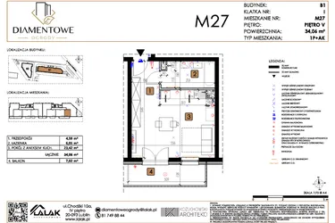 Rzut - Mieszkanie na sprzedaż 1 pokój o powierzchni 34,06 m² - numer B1.27 w Diamentowe Ogrody