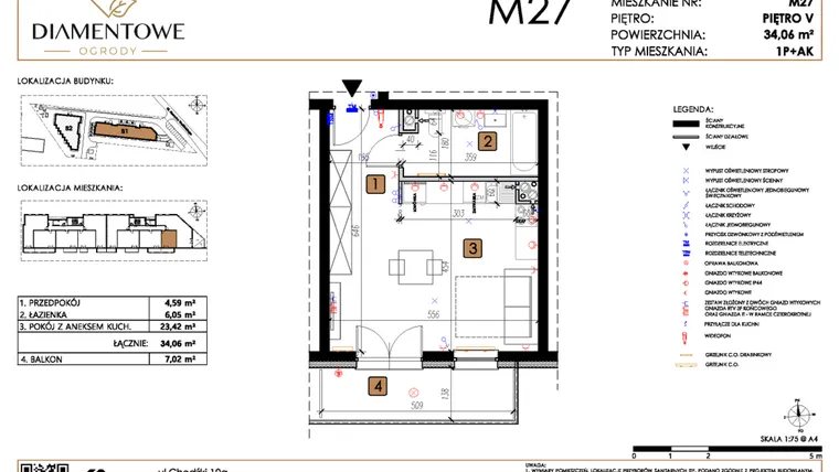 Rzut - Mieszkanie na sprzedaż 1 pokój o powierzchni 34,06 m² - numer B1.27 w Diamentowe Ogrody
