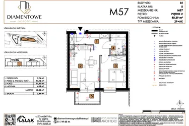 Rzut - Mieszkanie na sprzedaż 2 pokoje o powierzchni 40,39 m² - numer B1.57 w Diamentowe Ogrody