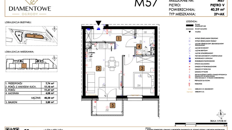 Rzut - Mieszkanie na sprzedaż 2 pokoje o powierzchni 40,39 m² - numer B1.57 w Diamentowe Ogrody