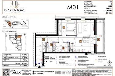 Rzut - Mieszkanie na sprzedaż 2 pokoje o powierzchni 56,47 m² - numer B2.1 w Diamentowe Ogrody