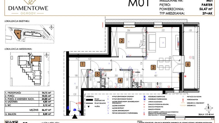 Rzut - Mieszkanie na sprzedaż 2 pokoje o powierzchni 56,47 m² - numer B2.1 w Diamentowe Ogrody