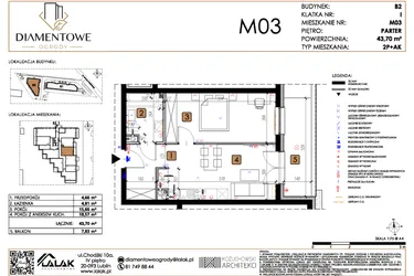 Rzut - Mieszkanie na sprzedaż 2 pokoje o powierzchni 43,7 m² - numer B2.3 w Diamentowe Ogrody
