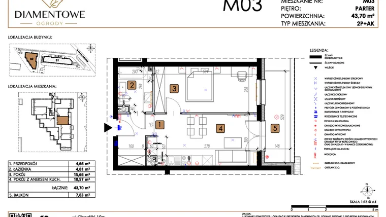 Rzut - Mieszkanie na sprzedaż 2 pokoje o powierzchni 43,7 m² - numer B2.3 w Diamentowe Ogrody
