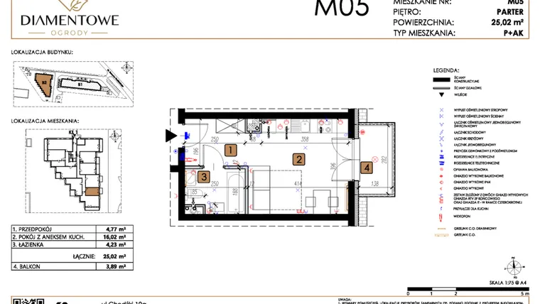 Rzut - Mieszkanie na sprzedaż 1 pokój o powierzchni 25,02 m² - numer B2.5 w Diamentowe Ogrody