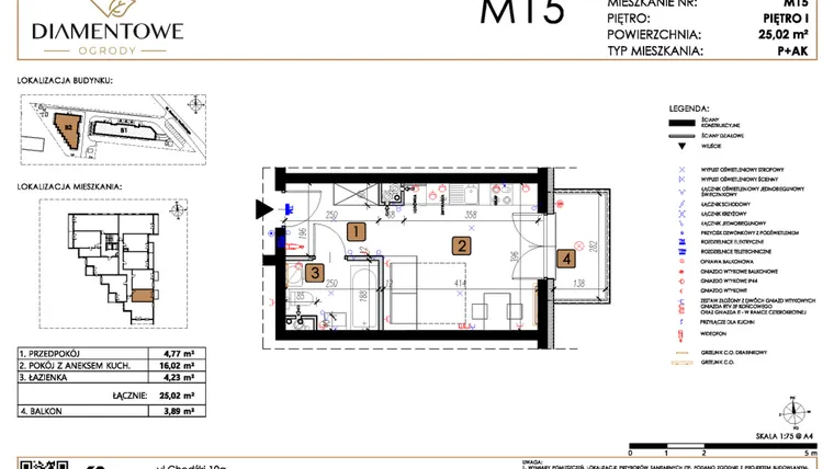 Rzut - Mieszkanie na sprzedaż 1 pokój o powierzchni 25,02 m² - numer B2.15 w Diamentowe Ogrody