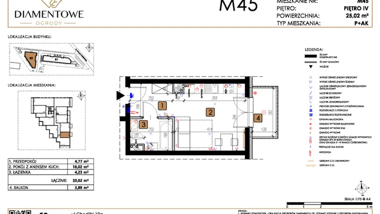 Rzut - Mieszkanie na sprzedaż 1 pokój o powierzchni 25,02 m² - numer B2.45 w Diamentowe Ogrody