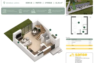 Rzut - Dom na sprzedaż 3 pokoje o powierzchni 61,41 m² - numer 1B w Osiedle Leśna