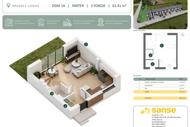 Rzut - Dom na sprzedaż 3 pokoje o powierzchni 61,41 m² - numer 1A w Osiedle Leśna