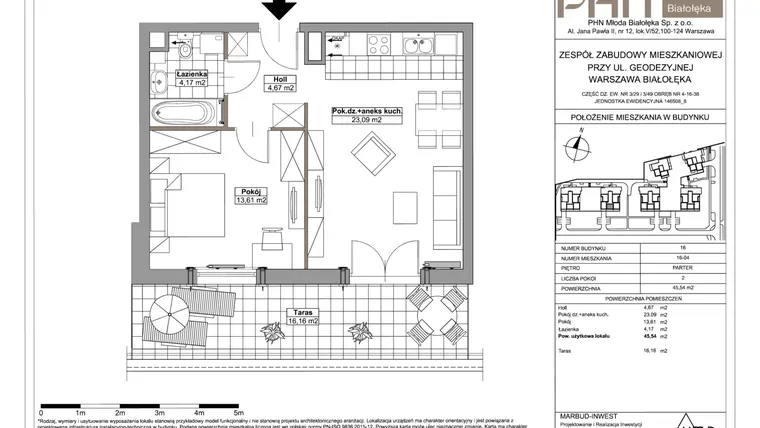 Rzut - Mieszkanie na sprzedaż 2 pokoje o powierzchni 45,54 m² - numer 16-04 w Młoda Białołęka III