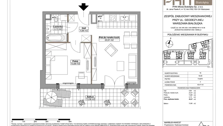 Rzut - Mieszkanie na sprzedaż 2 pokoje o powierzchni 45,47 m² - numer 16-20 w Młoda Białołęka III