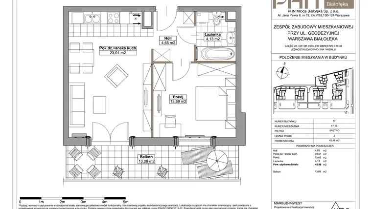Rzut - Mieszkanie na sprzedaż 2 pokoje o powierzchni 45,48 m² - numer 17-13 w Młoda Białołęka III