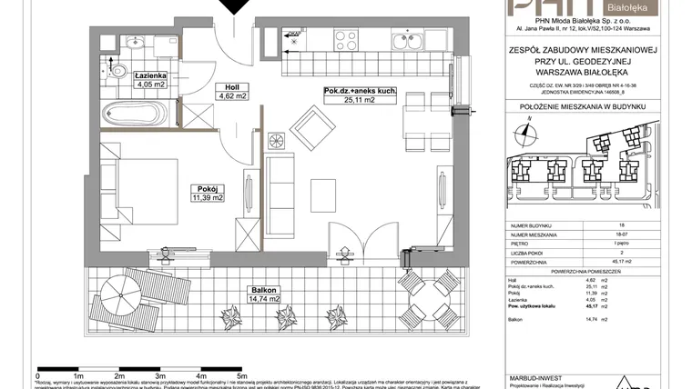 Rzut - Mieszkanie na sprzedaż 2 pokoje o powierzchni 45,17 m² - numer 18-07 w Młoda Białołęka III