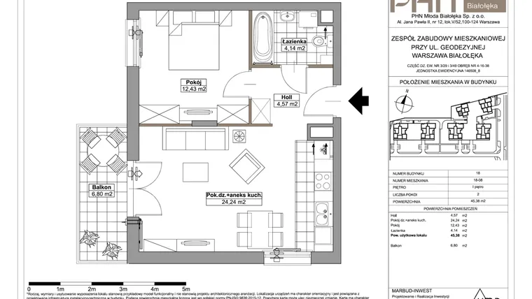 Rzut - Mieszkanie na sprzedaż 2 pokoje o powierzchni 45,38 m² - numer 18-08 w Młoda Białołęka III