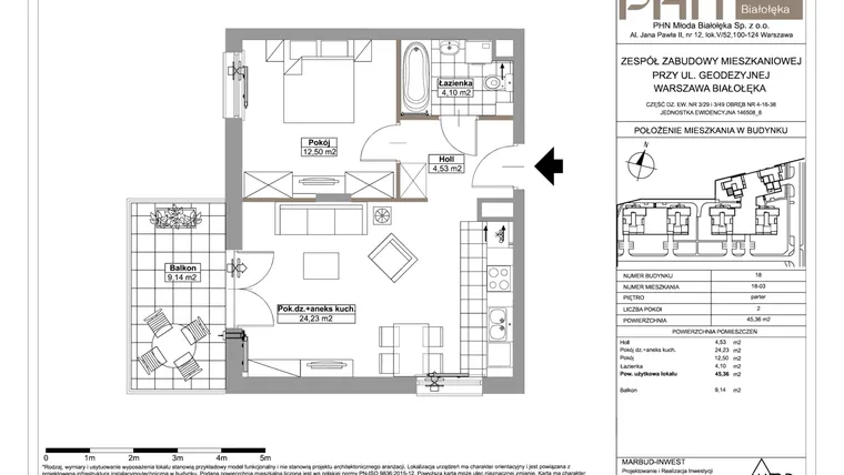 Rzut - Mieszkanie na sprzedaż 2 pokoje o powierzchni 45,36 m² - numer 18-03 w Młoda Białołęka III