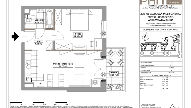 Rzut - Mieszkanie na sprzedaż 2 pokoje o powierzchni 45,31 m² - numer 18-11 w Młoda Białołęka III