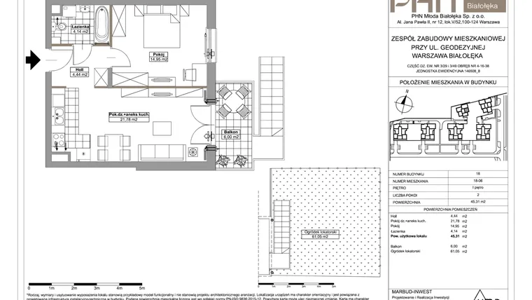 Rzut - Mieszkanie na sprzedaż 2 pokoje o powierzchni 45,31 m² - numer 18-06 w Młoda Białołęka III