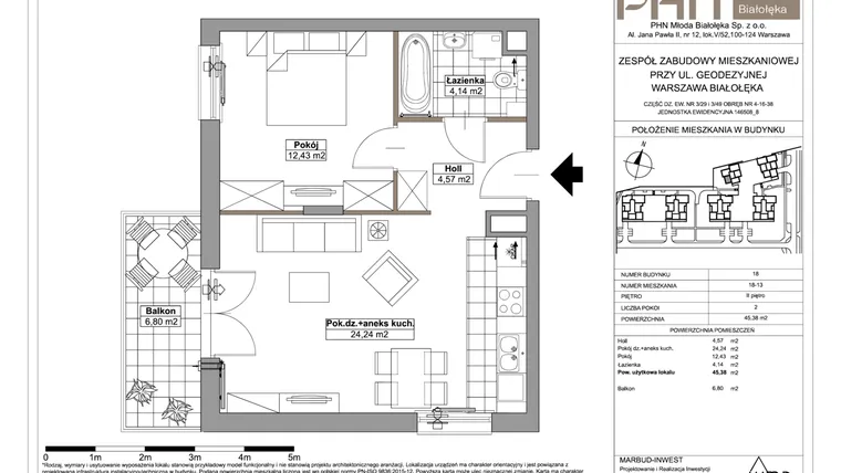 Rzut - Mieszkanie na sprzedaż 2 pokoje o powierzchni 45,38 m² - numer 18-13 w Młoda Białołęka III