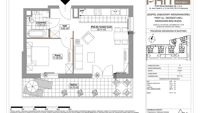 Rzut - Mieszkanie na sprzedaż 2 pokoje o powierzchni 45,17 m² - numer 18-12 w Młoda Białołęka III