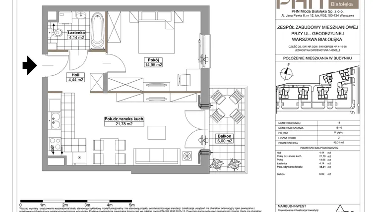 Rzut - Mieszkanie na sprzedaż 2 pokoje o powierzchni 45,31 m² - numer 18-16 w Młoda Białołęka III